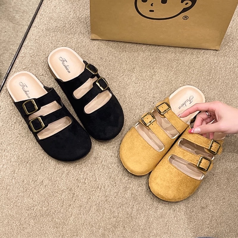 พร้อมส่งจากไทย【955B】รองเท้ากำมะหยี่แต่งอะไหล่ทองฟิวเซ็กซี่ใส่สบายเท้าเปิดส้นนิดหน่อยเท้ายาวใส่ได้