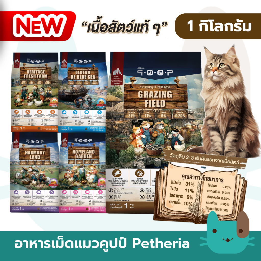 Petheria qoop อาหารแมวคูปป์ 1 กิโลกรัม ผลิตจากเนื้อสัตว์แท้ เพื่อสุขภาพน้องแมว ไม่มีกลูเตน