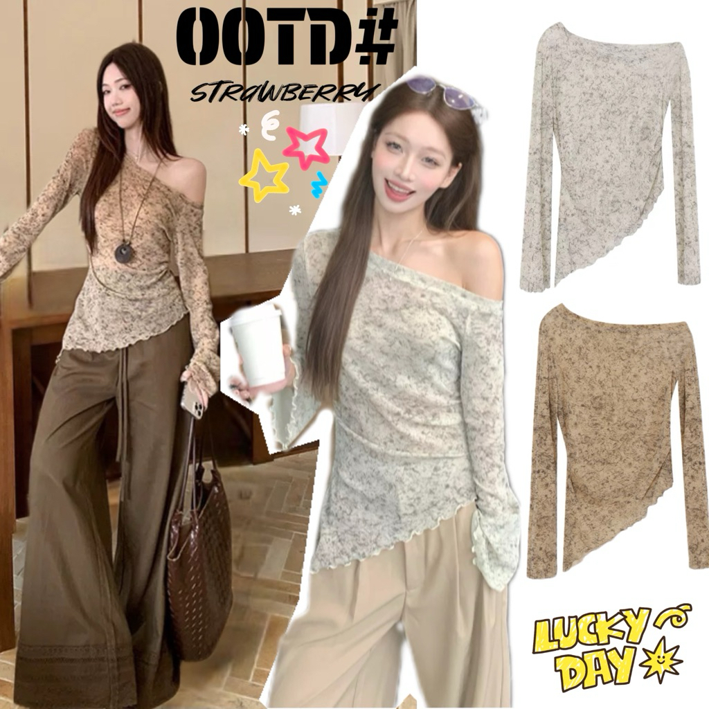 STR พร้อมส่ง🦊💫เสื้อยืดผู้หญิง เสื้อปาดไหล่แขนยาว สีมัดยอม  ดีไซน์ปายเสื้อเฉียง เสื้อครอปรัดรูป  แฟชั