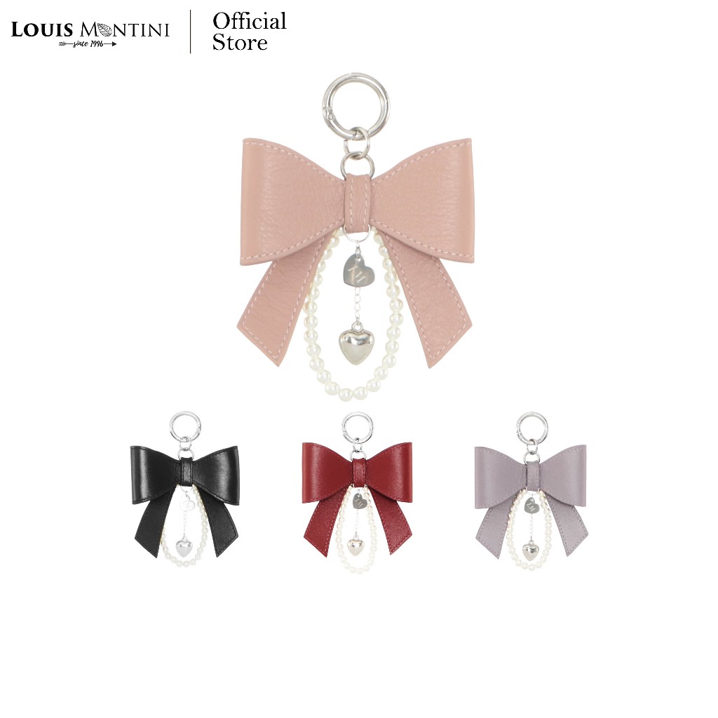 Louis Montini (Keychain) พวงกุญแจหนังวัว พวงกุญแจโบว์ประดับหัวใจและไข่มุก Sweet Ribbon Charm KR47
