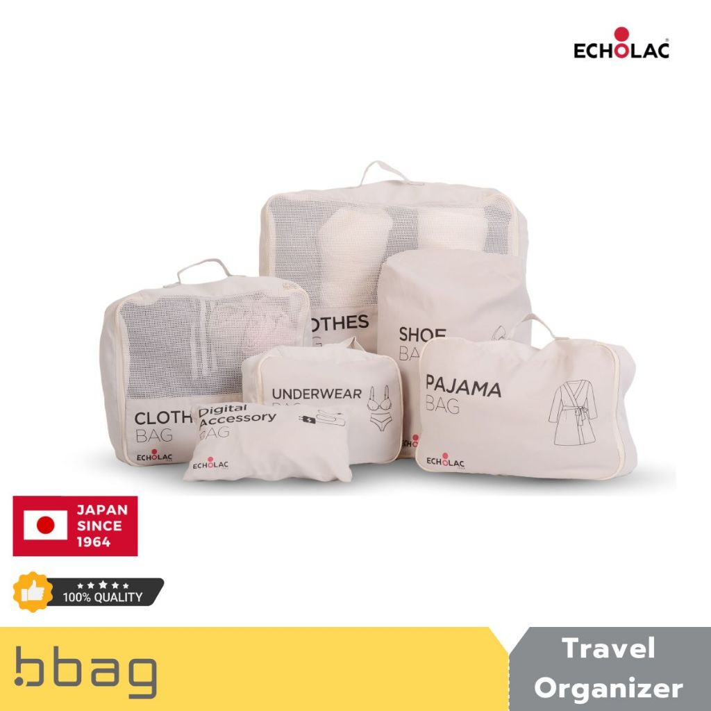 Echolac กระเป๋าจัดระเบียบ 6 ชิ้น ผ้าหนา กันแบคทีเรีย รุ่น AE2463 Travel Organizer Set