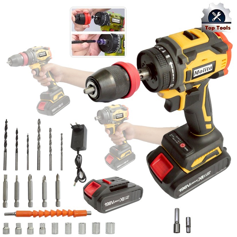 MOLITA สว่านไร้สาย สว่านไร้สายแท้ สว่านไฟฟ้าไร้สาย 198V ไขควง ไฟฟ้า สว่านไขควงไร้สาย สว่านไขควงกระแท