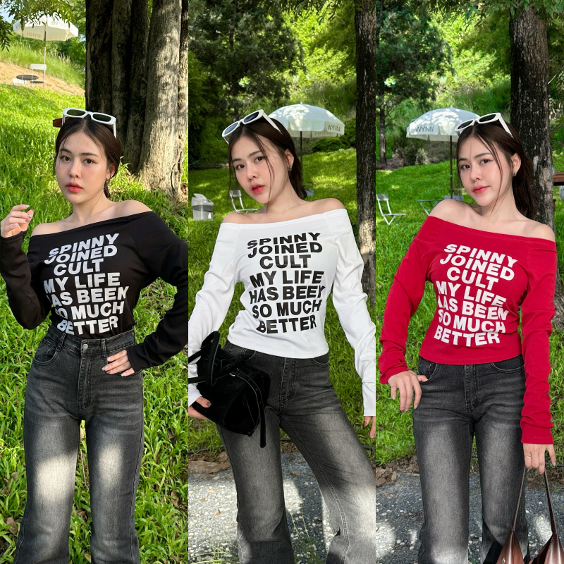 🌈SpinnyHouse🌈เสื้อปาดไหล่แขนยาว ปาดไหล่แขนยาว สกรีนลายแน่นๆ ผ้าร่องยืดเยอะ สาวอวบใส่ได้  รุ่น ปาดไหล่SPN JOINED