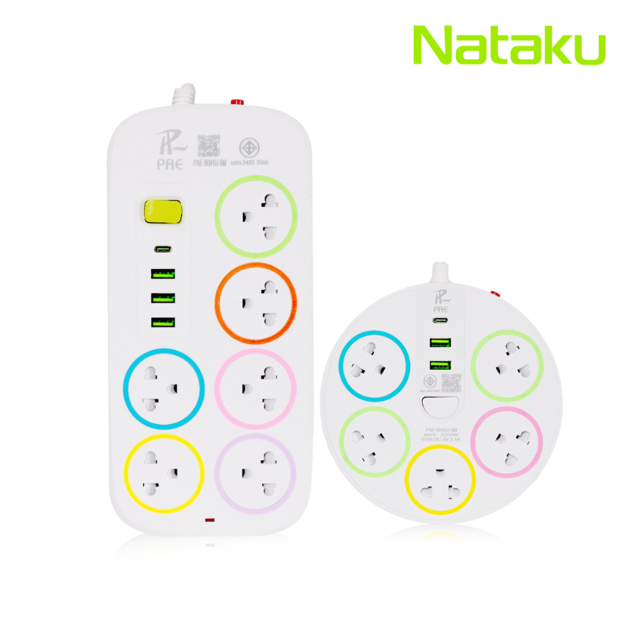 Nataku ปลั๊กไฟ 3 ตา รางปลั๊กไฟ สวิตซ์เปิด ปิดแยก ช่อง USB 2ช่อง สายยาว 2เมตร 4เมตร มี มอก. รับรอง