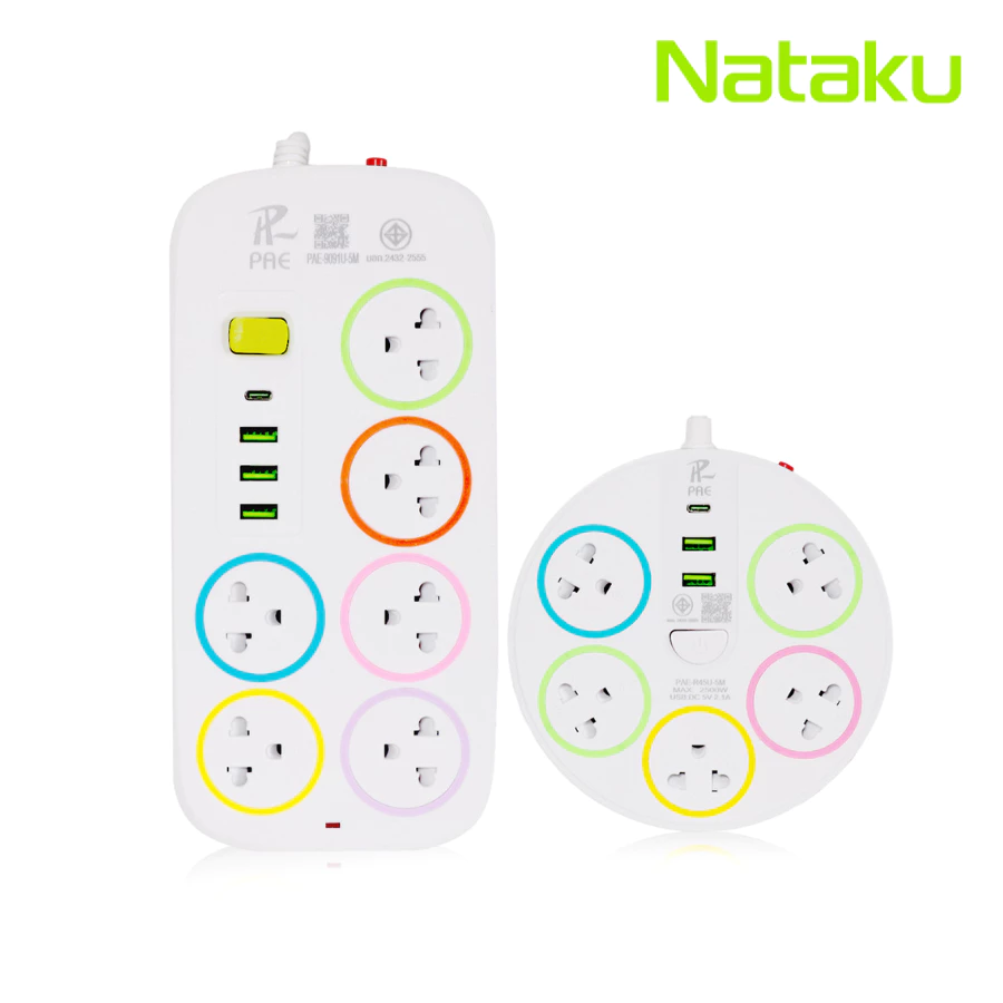 Nataku ปลั๊กไฟ 3 ตา รางปลั๊กไฟ สวิตซ์เปิด ปิดแยก ช่อง USB 2ช่อง สายยาว 2เมตร 4เมตร มี มอก. รับรอง