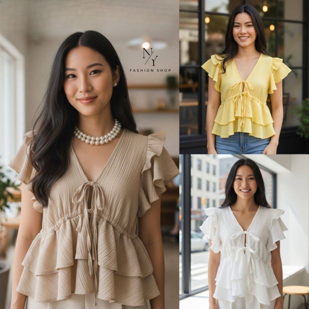 ใหม่.เสื้อแขนระบายผูกเอวสาวอวบ อก 32 - 44 นิ้ว ใส่ได้ ใส่สวย เป็นผ้าคอตตอนผสมผ้าสลาฟ.