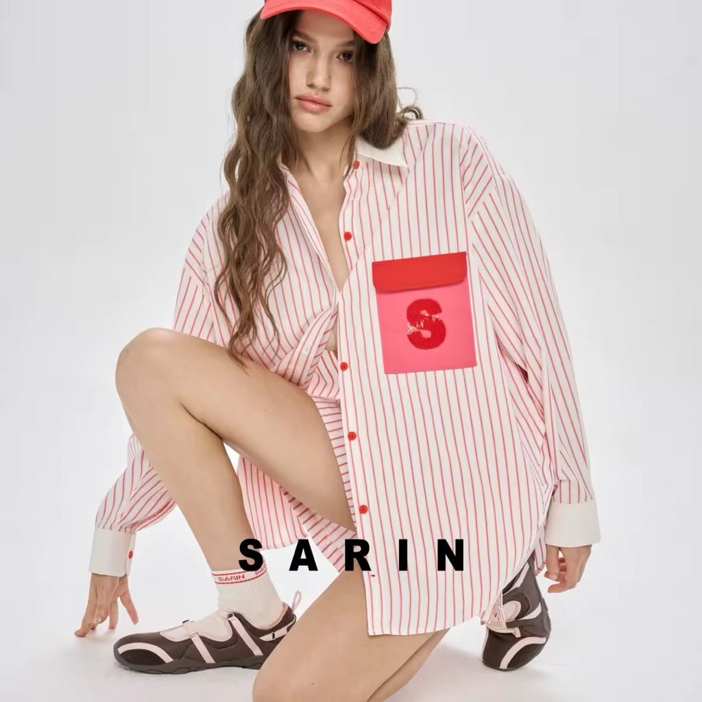 Sarin PuiPui pinstripe shirt Cheri red (New in pack)✨✨ เสื้อเชิ้ต ลายปัก ปุยปุย sarin งานใหม่จากช้อป