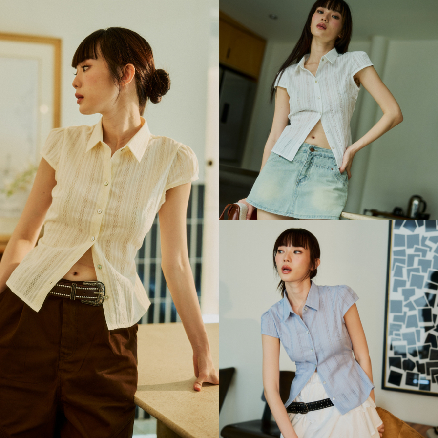 felt.bkk Dali Shirt เสื้อเชิ้ต แขนสั้น ดีเทลผ้าลายฉลุ สาย Back cinch ปรับรูดเข้าเอว
