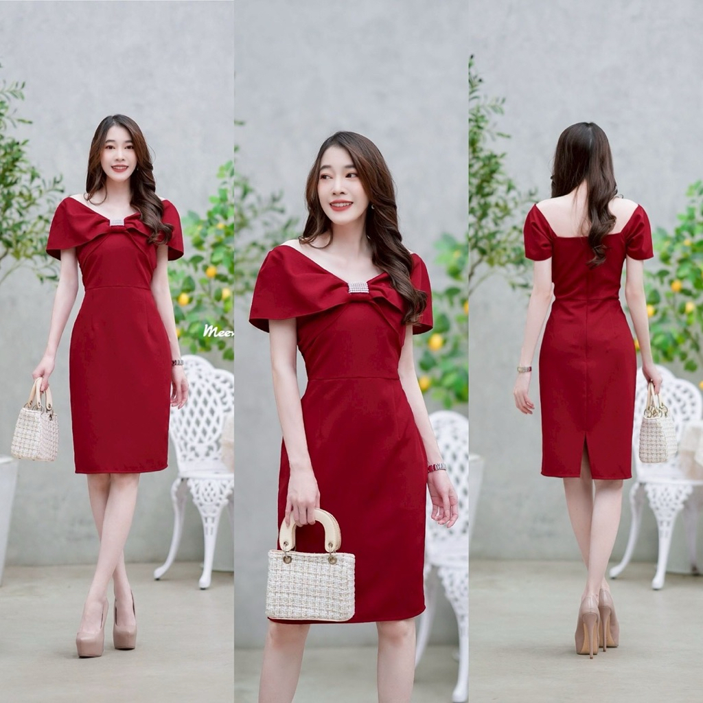 new เดรสออกงาน เดรสผูกโบว์ด้านหน้าแต่งเพชร ใส่ได้ 2 แบบ ใส่แบบเปิดไหล่หรือคลุมไหล่ได้