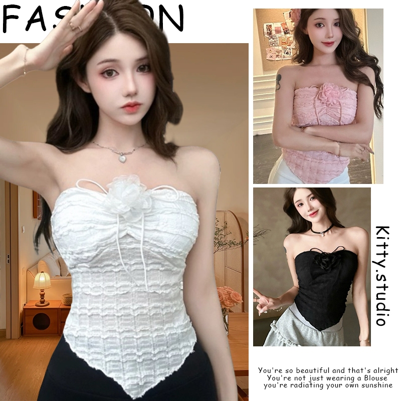 Kitty.พร้อมส่ง🌸เสื้อเกาะอกเซ็กซี่ผู้หญิง ผูกคล้องคอ แถมเข็มกัดดอกไม้ เสื้อเกาะอก มีฟองน้ำ สม็อคหลัง รัดรูป crop top