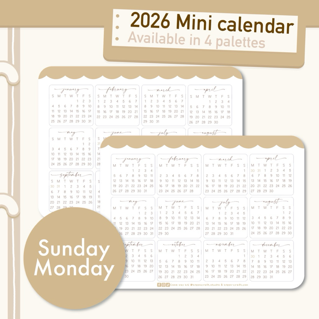 UPDATE 2026 สติ๊กเกอร์มินิปฏิทิน 2026 ขนาดเล็ก 3x3 ซม. สติ๊กเกอร์ตกแต่งแพลนเนอร์ ดัชนีบันทึก ปฏิทินพกพา 4 โทนสี