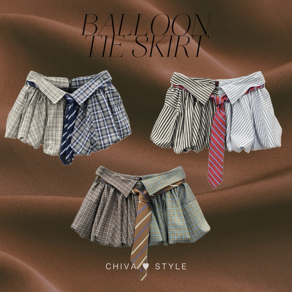 -𝐂𝐡𝐢𝐯𝐚- Balloon Tie Skirt | กระโปรงทรงบอลลูน+เนคไท ดีไซน์พิเศษเย็บต่อผ้า2ลาย