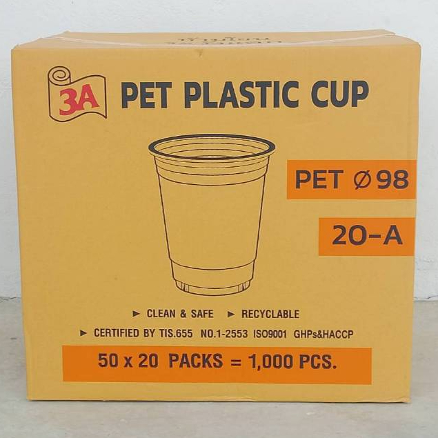 ถ้วยน้ำดื่ม PET 20 ออนซ์ ปาก98 ตรา3A บรรจุ50ใบ/แถว*1ออเดอร์ไม่เกิน1ลัง*