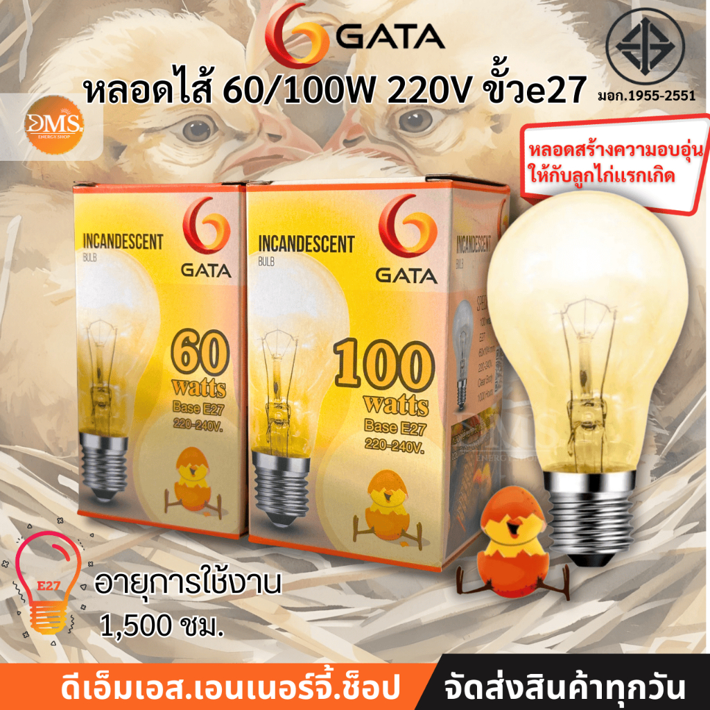 หลอดให้ความร้อน  60W 100W ขั้ว E27 GATA 220V หลอดร้อน หลอดไส้ หลอดกกไก่  หรี่ไฟได้