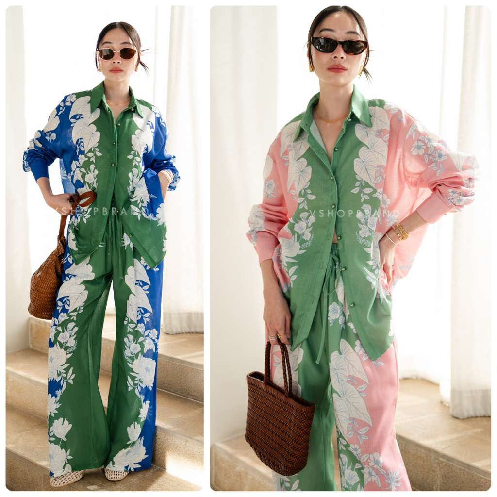 Vshop #6021-7 Set เสื้อเชิ้ตแขนยาวทูโทนลายดอก + กก.ขายาว