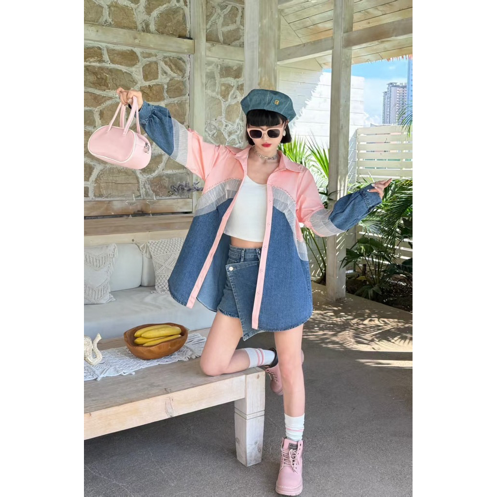 Jeans Patch Cotton Rim Frill DM Long Sleeve Shirt ราคา ถูกที่สุด ดีลบีเคเค แกลเลอรีภาพที่ 4