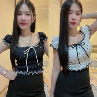 เสื้อครอปลายจุด Polkadot แขนตุ๊กตาน่ารัก ผูกโบว์ P20