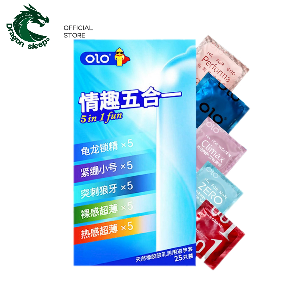 OLO รวมถุงยางอนามัย 1 กล่อง 5 แบบ บรรจุ 25 ชิ้น กลิ่นวานิลลา บาง ปุ่ม ไซส์ 49 และ 52 มม.