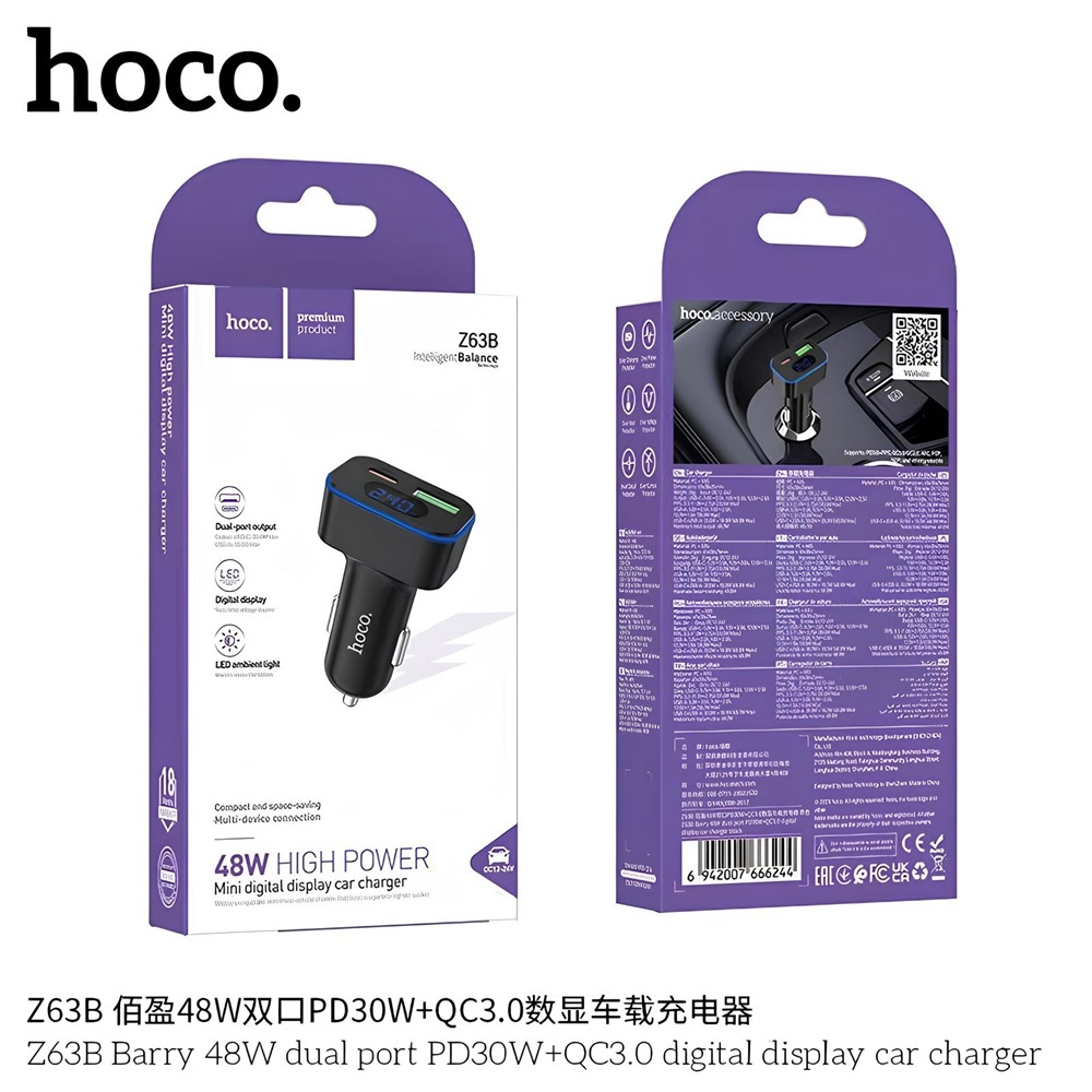 HOCO Z63B หัวชาร์จในรถ 2พอร์ต ชาร์จเร็ว PD 30W + QC 3.0 สูงสุด 48W พอร์ตชาร์จ Type-C x 1 / USB A x 1