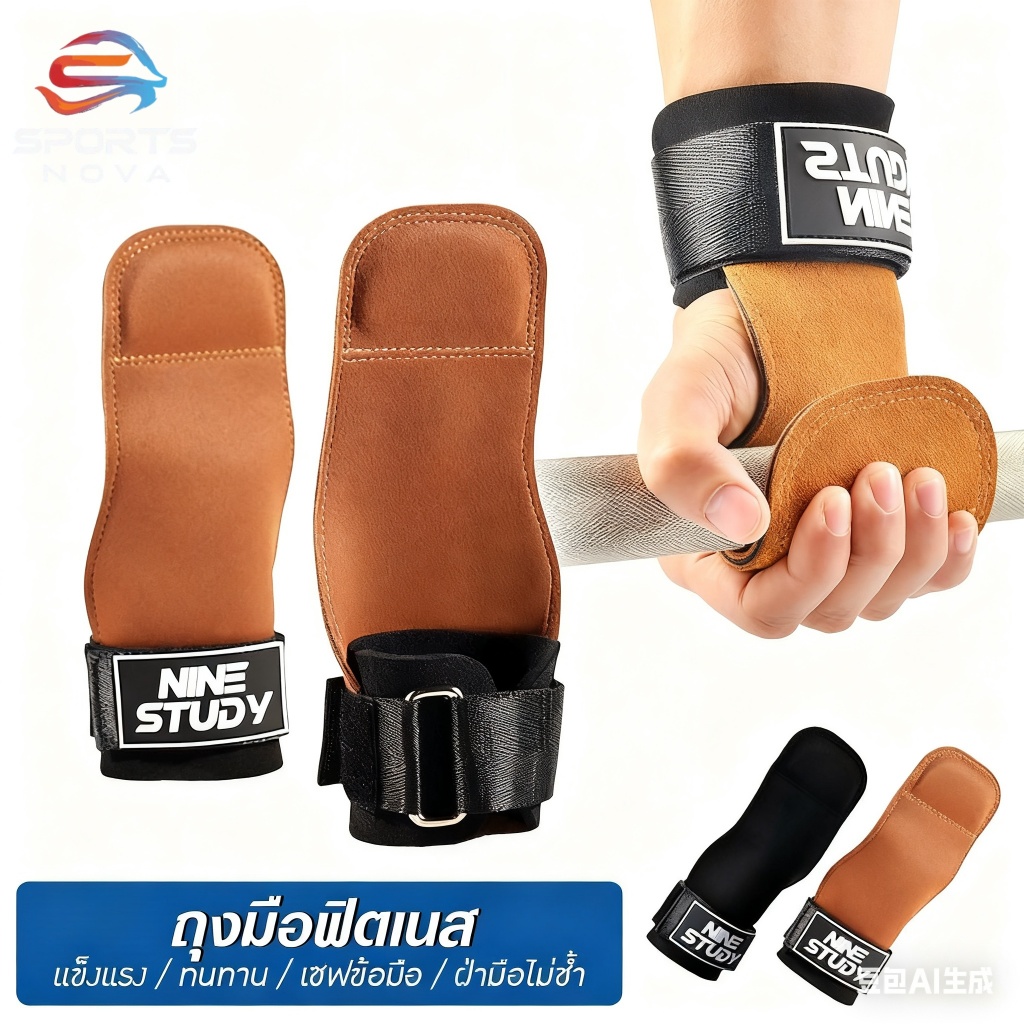 【COD】ถุงมือฟิตเนส Leather Grip pads & Strap หนังกลับ สแต๊ป หนังวัว หนังแท้ รัดข้อมือ ถุงมือ เซพข้อ