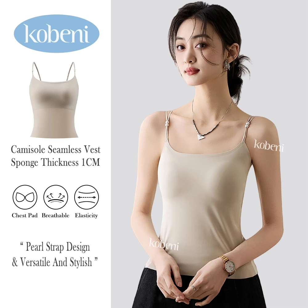 ⭐KOBENI⭐เสื้อสายเดี่ยว มีฟองน้ำในตัว สายสะพายไหล่ดีไซน์ไข่มุก ผ้าคุณภาพสูง นุ่มสบายผิว รัดรูป ทรงสวย