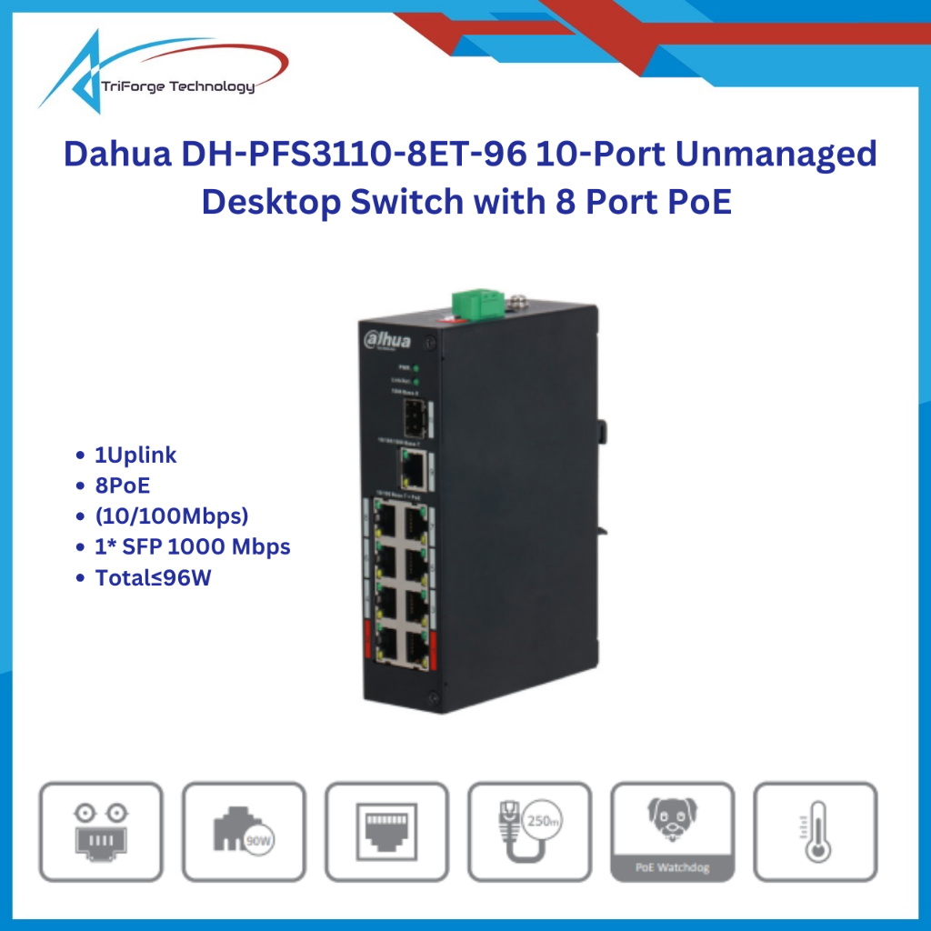 Dahua DH-PFS3110-8ET-96 10-Port Unmanaged Desktop Switch with 8 Port PoE