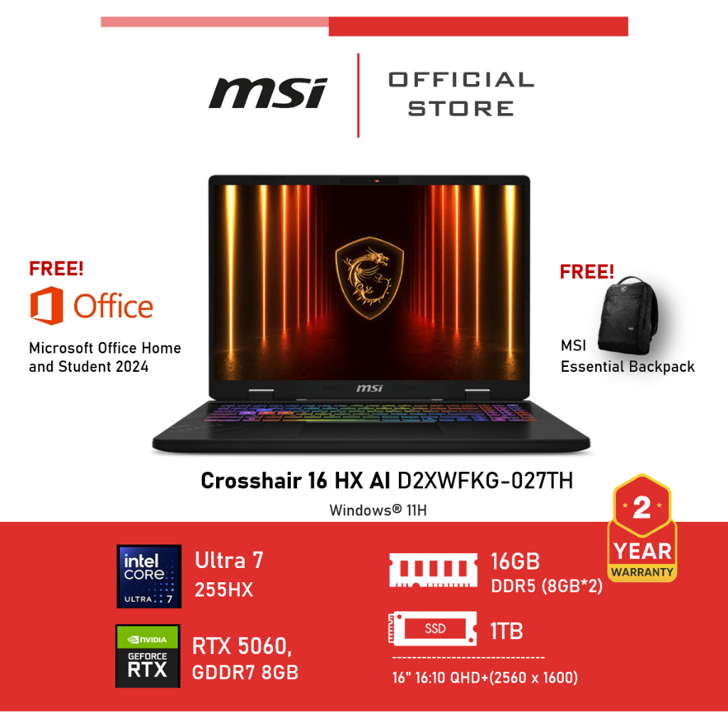 [Pre-Order] MSI Crosshair 16 HX AI D2XWFKG-027TH (NVIDIA® GeForce RTX™ 5060 Laptop GPU, GDDR7 8GB) L