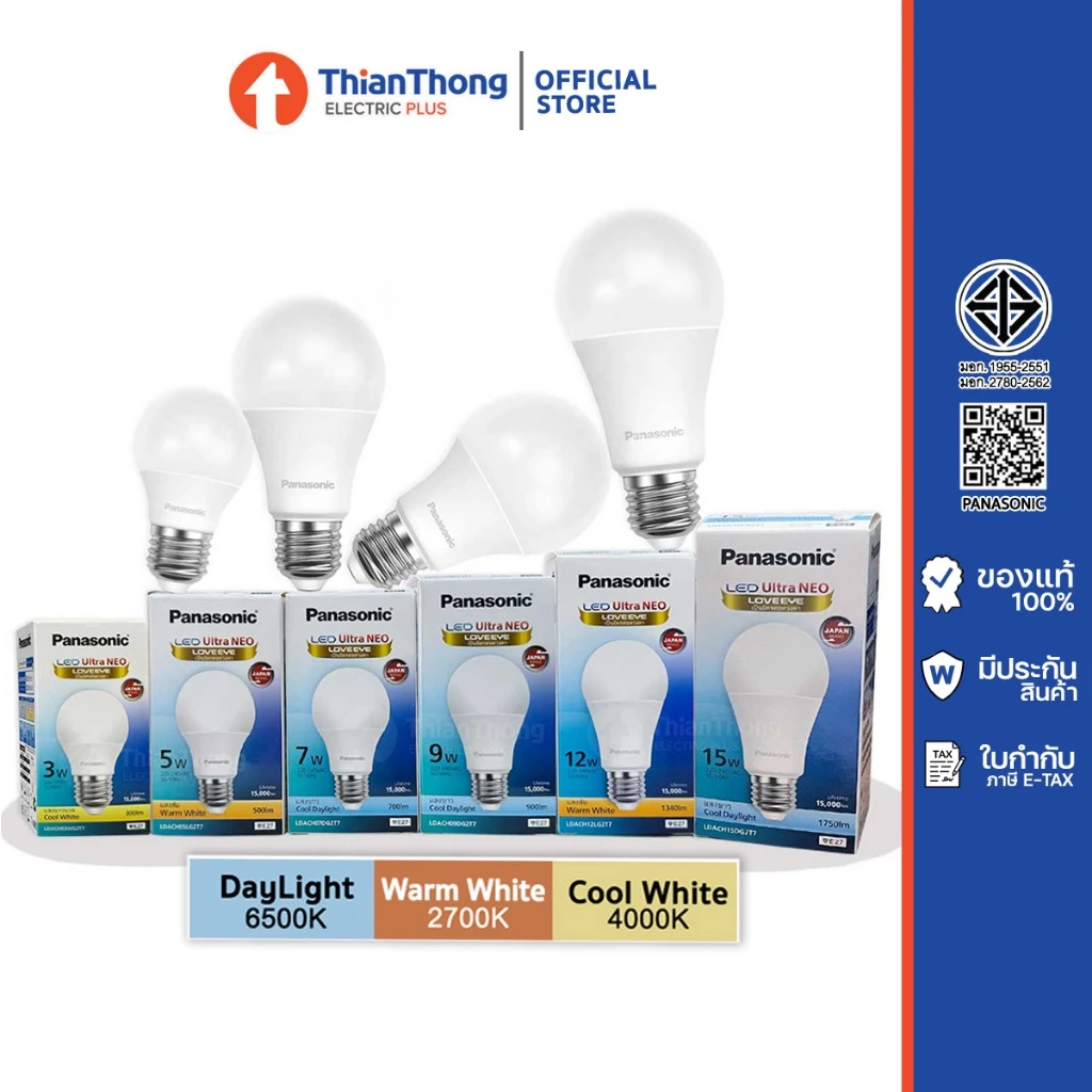 Panasonic หลอดไฟ พานาโซนิค LED Ultra Neo Bulb 3W 5W, 7W, 9W. 12W, 15W ขั้ว E27
