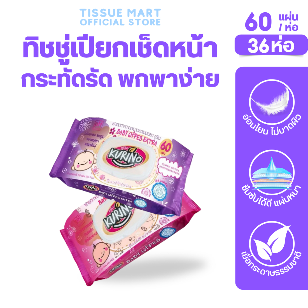 [ยกลัง] Kurino คุริโนะ กระดาษทิชชู่เปียก ยกลัง 36 ห่อ บรรจุห่อ 60 แผ่น สูตรอ่อนโยน ทำความสะอาด