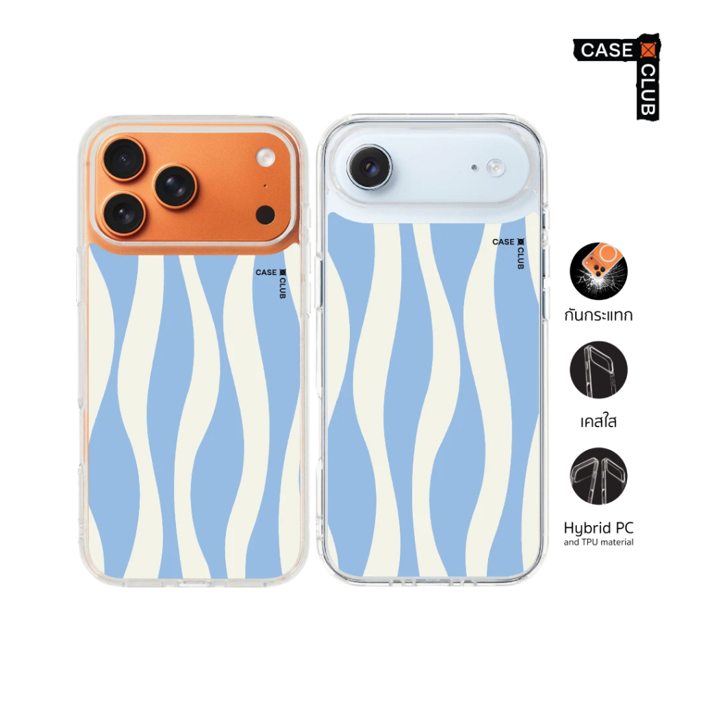 CaseClub เคสไอโฟน เคสโทรศัพท์ เคสใส ลาย White & Blue Wavy Pattern ลายคลื่นน้ำสีขาวน้ำเงิน สำหรับ i17 Pro Max/i17 Pro/i17