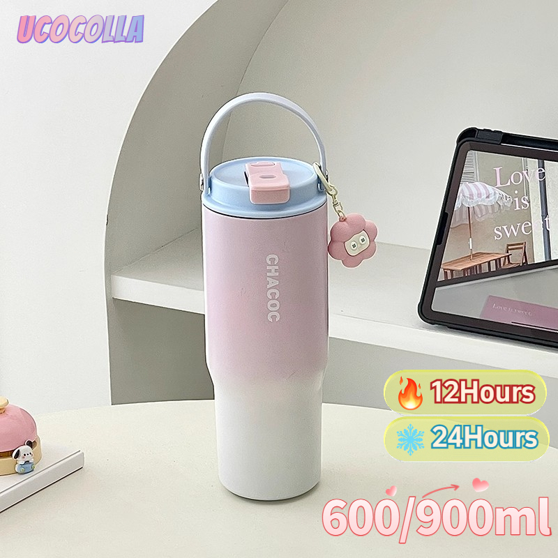 UCOCOLLA แก้วน้ํา สแตนเลส 304 ร้อนและเย็น ใช้หลอดดูด แก้วกาแฟพกพา 600/900ml สไตล์เรียบง่าย แก้วเยติ การไล่ระดับ