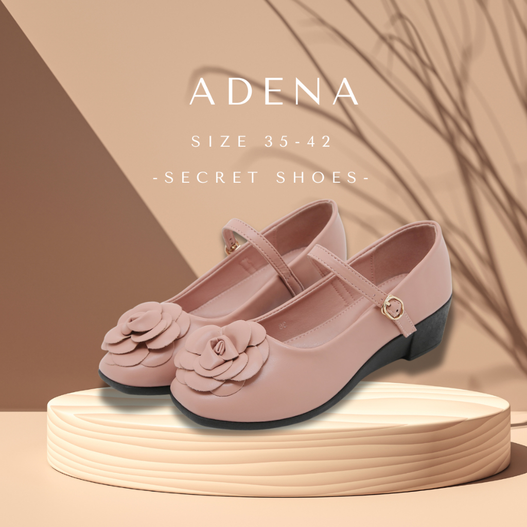 Adena (รุ่นใหม่) รองเท้าคัชชู MARY JANE ส้นเตารีด หน้าดอกคามิเลีย สวย เท้าอวบเพิ่ม 1 ไซส์