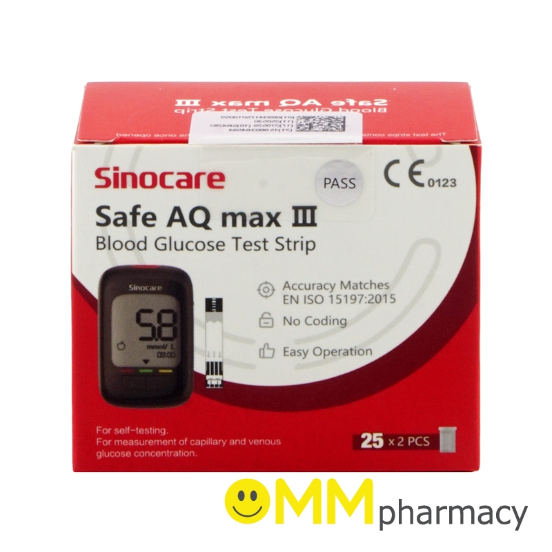 SINOCARE แผ่นตรวจน้ำตาล (ใช้กับเครื่องตรวจ รุ่น SAFE AQ MAX III ) 50ชิ้น
