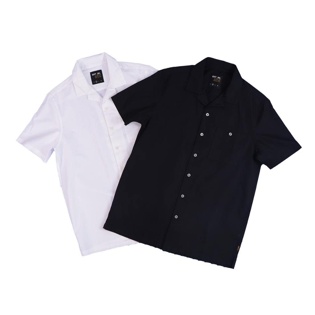 ์MEN'S BOVY SHIRT RAYON BLACKWHITE-เสื้อเชิ้ตผุ้ชาย ผ้าคอจตอล นุ่ม  คอปกทวิตสีพึ้นขาวดำ BAS11260