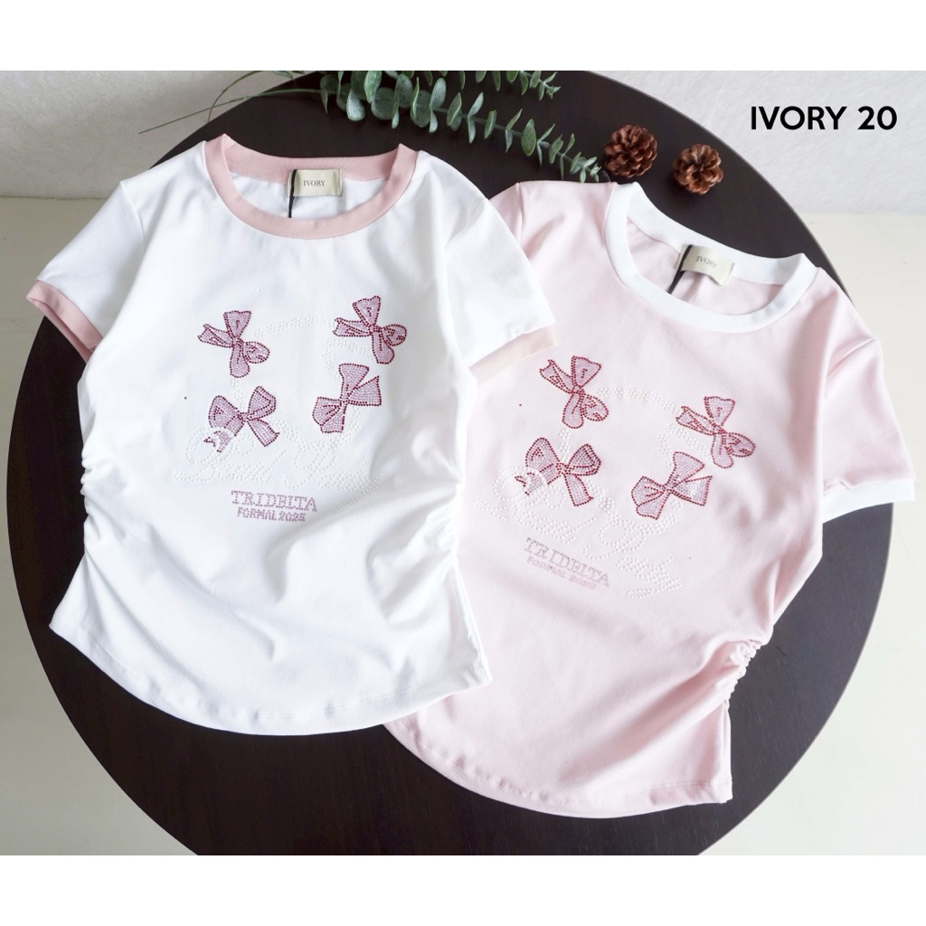 VV883-IVORY งานเสื้อยืดแฟชั่นแขนสั้น แต่งโบว์ หยุมข้าง