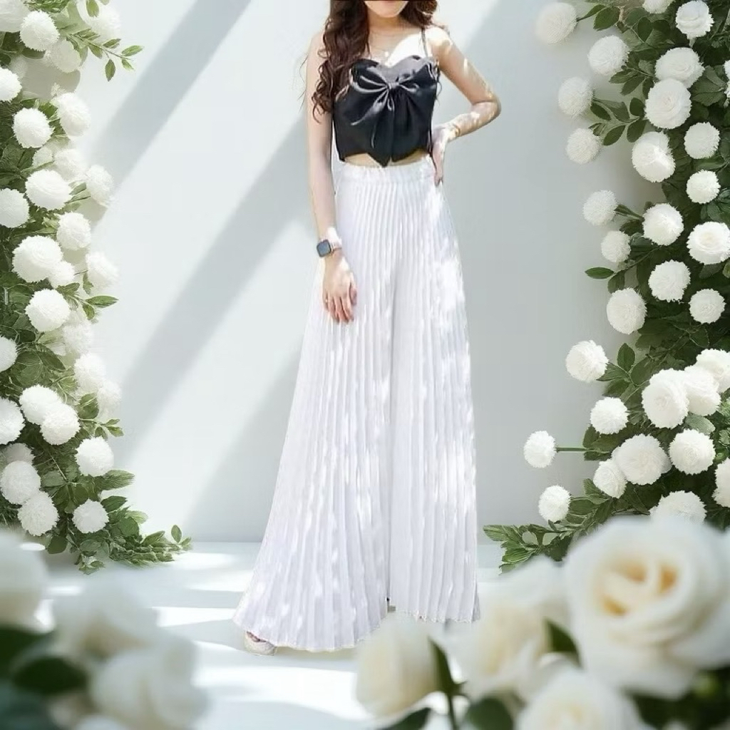 กางเกงอัดพลีท จีบแน่น ทรงขาบาน ผ้า ไหมอิตาลี(101)ไม่มีซับใน