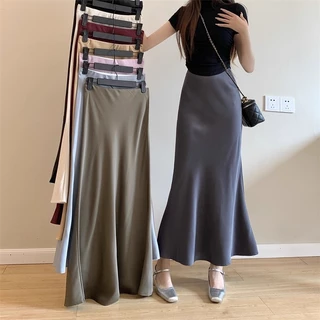 11 สี S-6XL กระโปรงผ้าซาตินกระโปรงยาว เอวสูง ผ้าซาติน ลายนางเงือก