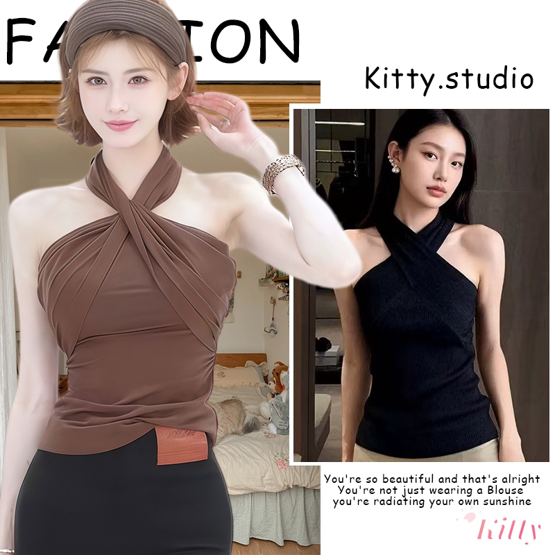 Kitty พร้อมส่ง🌸เสื้อกล้ามผู้หญิง🌸คอฮอลเตอร์ ไตล์สาวฮอต เอวเข้ารูป ยืดหยุ่นได้ ไม่มีแขน เปิดไหล่ ปาดไหล่ สวมได้หลายแบบ