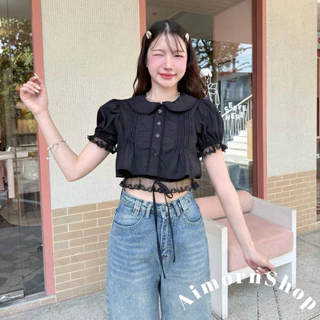 🔥aimorn_shop🔥เสื้อครอปแขนตุ๊กตา ครอปลูกไม้ คอบัว แต่งดกระดุมน่ารักๆ ชายเสื้อแต่งลูกไม้