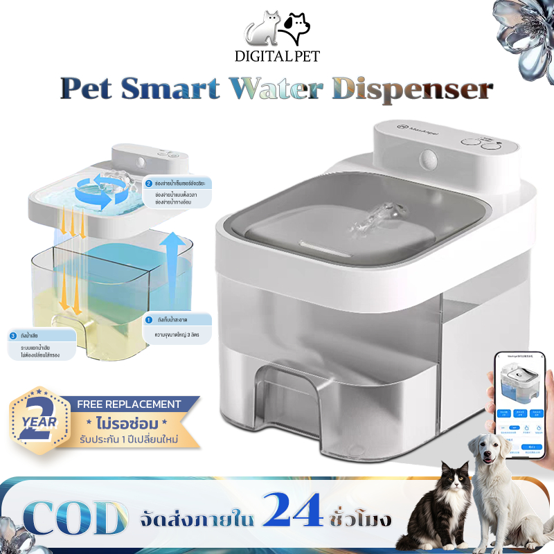 DIGITALPET น้ำพุแมวไร้สาย ระบบกรองน้ำเสีย5ชั้น แอพระยะไกล ถังให้น้ำสัตว์เลี้ยง น้ําพุไร้สาย น้ำพุแมว น้ําพุแมวอัตโนมัติ