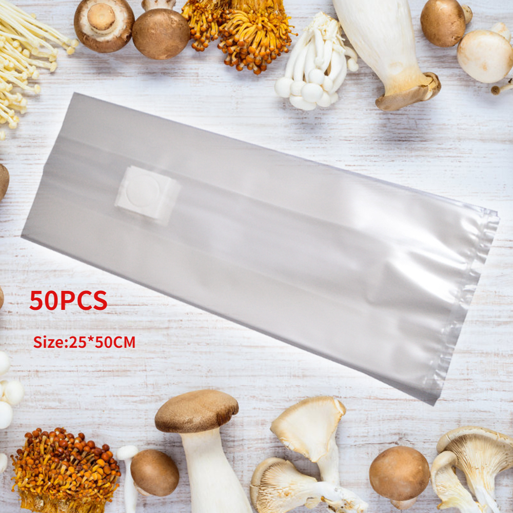 🔥🔥 ถุงเพาะเห็ด PVC 25x50ซม [50ชิ้น] ทนความร้อน120°C + ปิดผนึกอัตโนมัติ สำหรับเห็ดนางรม/เห็ดหูหนู ฟรีคู่มือปลูก