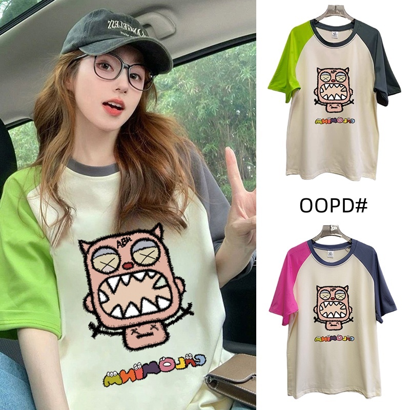 เสื้อยืดลายการ์ตูนผู้หญิง สตรีทสีทูโทน oversize เสื้อผ้าสาวอวบวัยรุ่นแฟชั่น ทรงหลวมไตล์เกาหลี เสื้อโอเวอร์ไซส์ววินเทจ