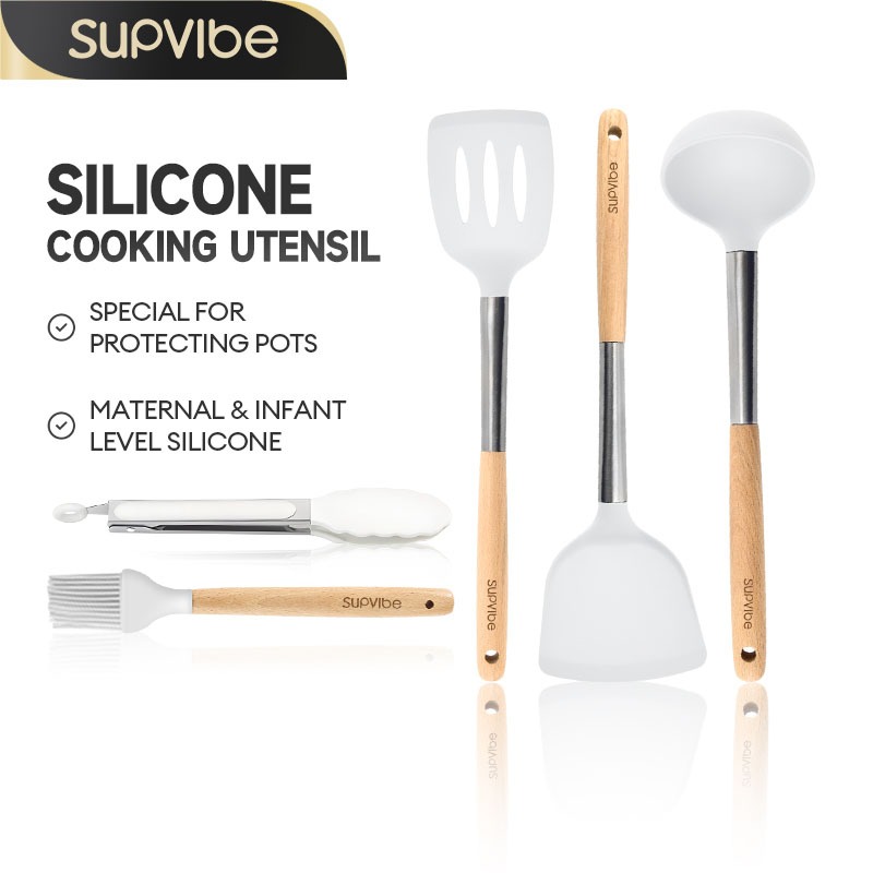 SUPVIBE ชุดเครื่องครัว ที่คีบอาหาร ตะหลิวซิลิโคน  แปรงน้ำมัน ช้อน ตะหลิวทอด ทนความร้อน – โปรปัง