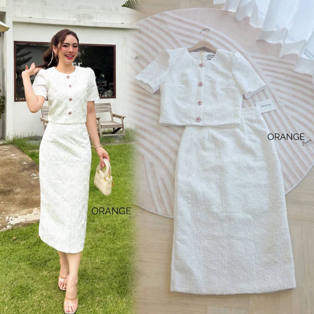 ครบไซซ์ S-5XL❗ชุดเซ็ตลูกไม้ขาว White Set2ชิ้น ชุดสาวอวบ,เสื้อขาวแขนสั้น+กระโปรงทรงสอบผ้าลูกไม้ทอลาย งานป้าย Orange Juice