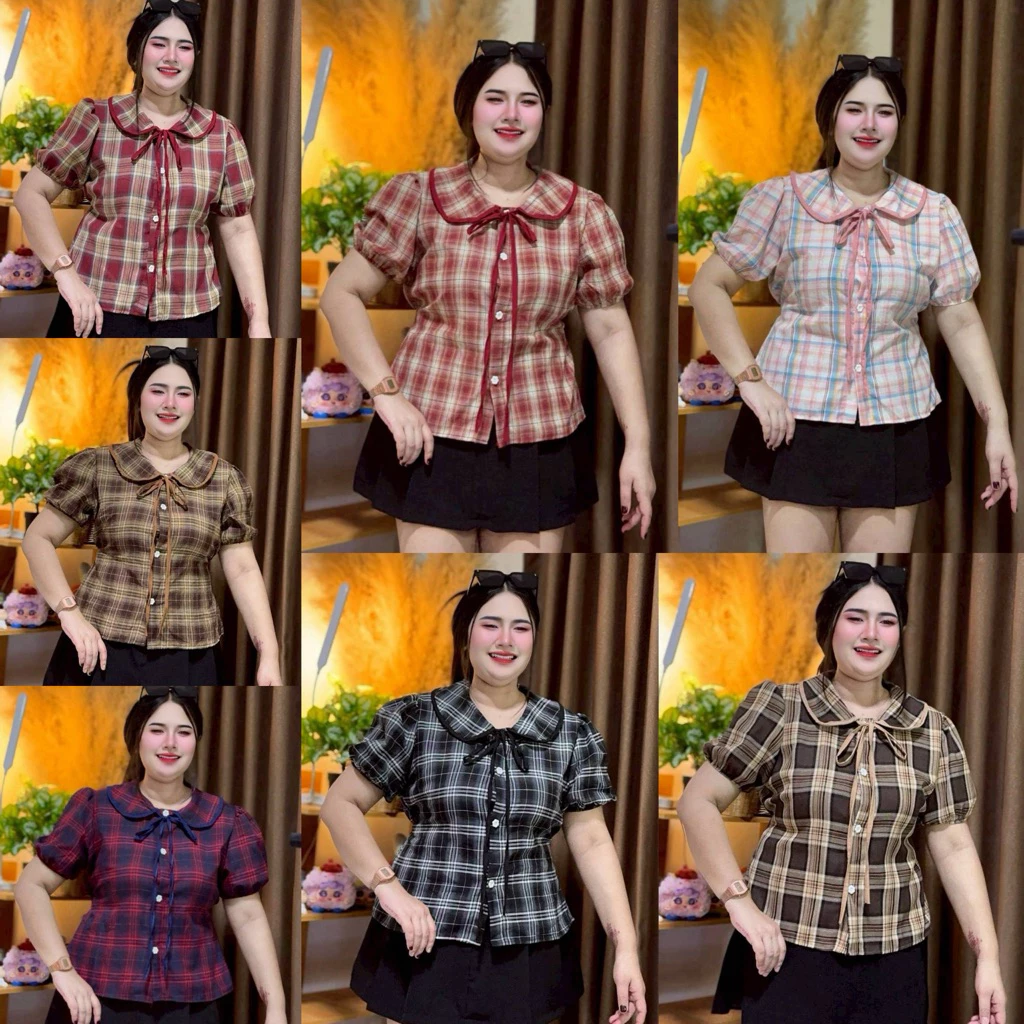 เสื้อสาวอวบลายสก็อต 🤎อก36-50🤎 มี2ไซส์ คอบัวแต่งกระดุมดอกไม้น่ารักสุดๆ ราคาถูกที่สุด (A31)