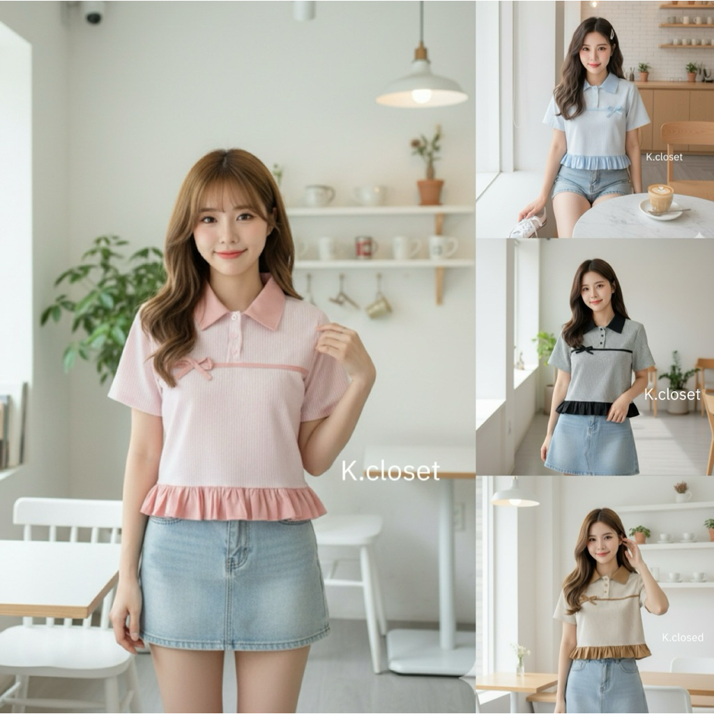 เสื้อโปโลโบว์ระบาย ดีเทลน่าแต่งโบว์น่ารัก Sweet Bow Polo Ruffle