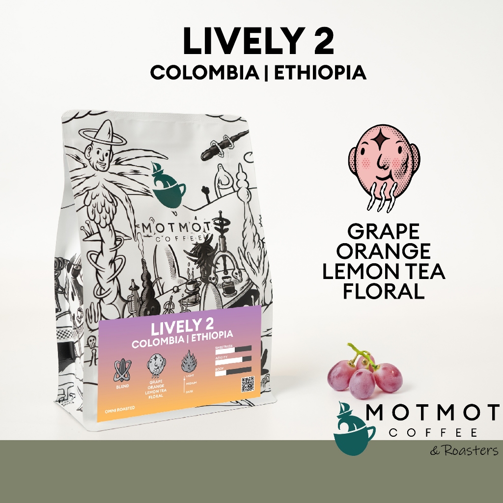 Lively 2 Blend เมล็ดกาแฟเบลน คั่วอ่อน โทน Grape Lemon Floral | MOTMOT COFFEE