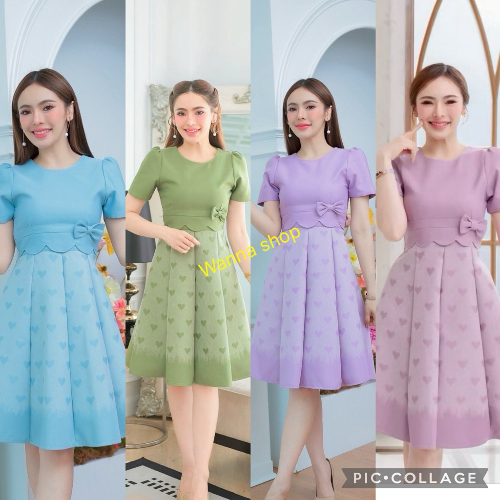 เดรสผ้าทอลายฟ้าครามหัวใจทูโทน  แต่งเสื้อกั๊กคาดเอวโบว์หยัก อัดกาว ผ้าไทย