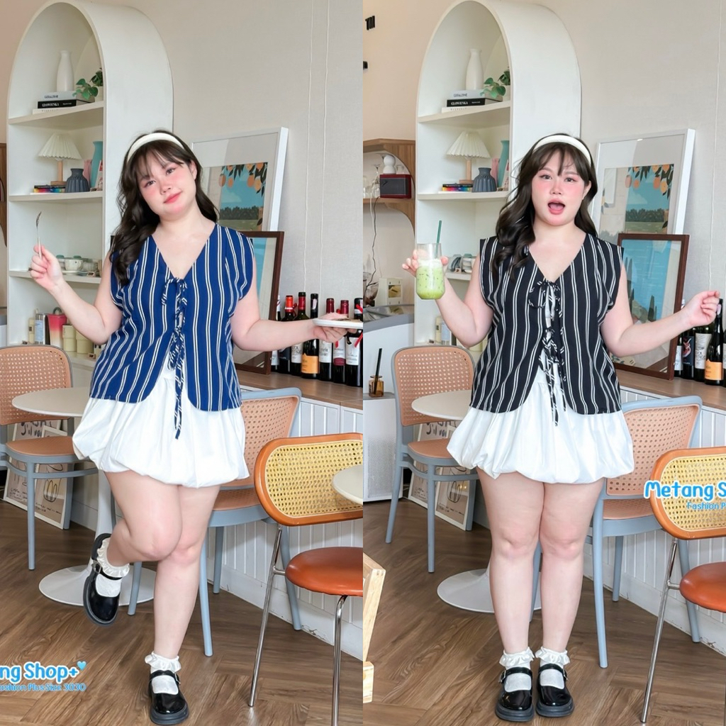 /MT/ เสื้อผูกโบว์หน้า มีไซส์อก38-52 ลายริ้วพรางหุ่น #เสื้อผ้าไซส์ใหญ่ สาว อ้วน พลัสไซส์
