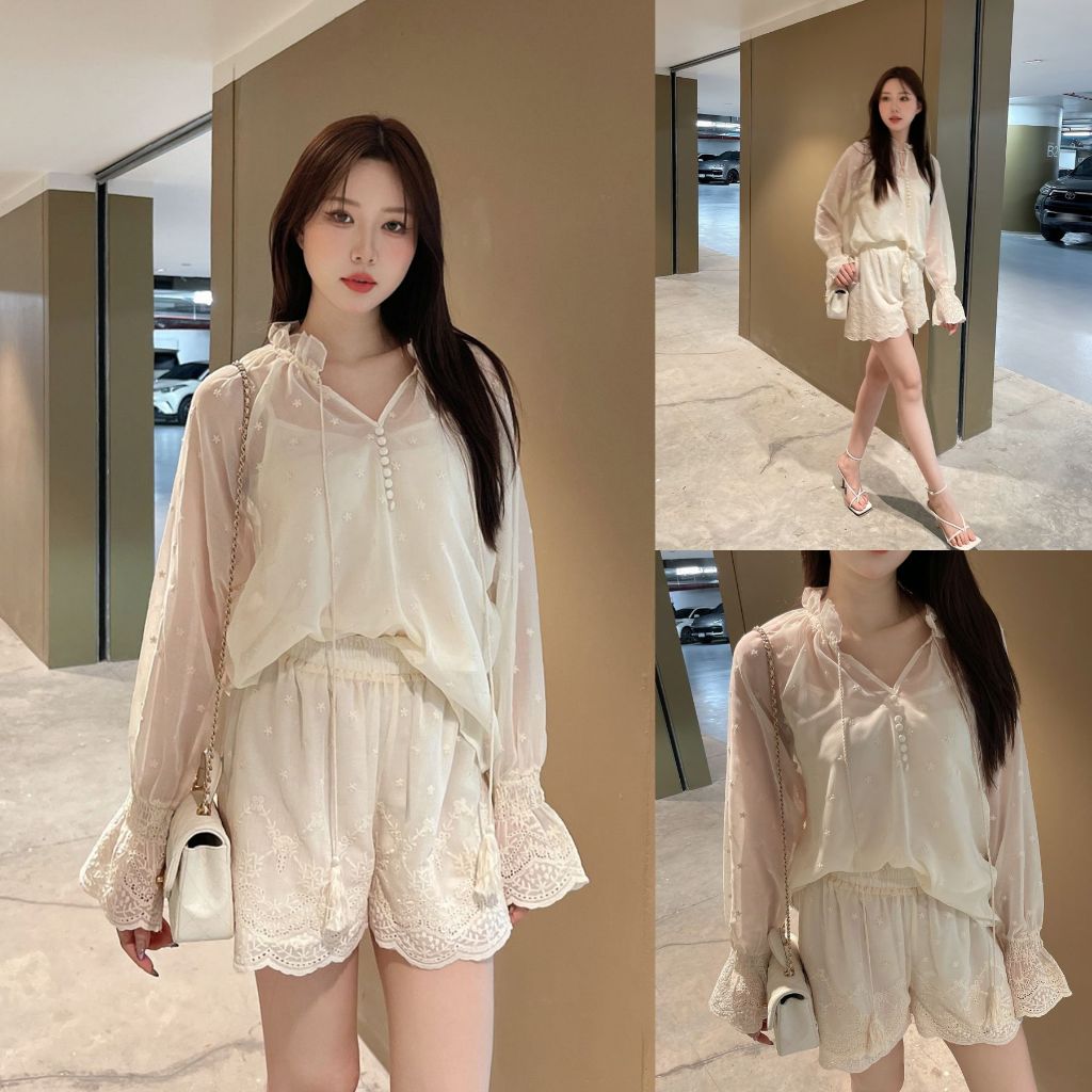SLYQ COLETTE LACE BLOUSE & SHORTS SET ชุดเซ็ทลูกไม้ฉลุ 3 ชิ้น เสื้อตัวนอก ซับใน และกางเกงขาสั้น